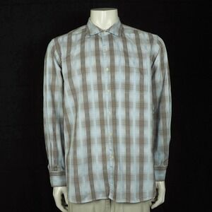 Tommy Bahama Button Down Shirt Mens Sz XL Brown Blue Plaid Woven Cotton Travel